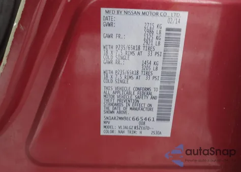 2014 Nissan Pathfinder Sl z USA, uszkodzony, nr VIN 5N1AR2MN9EC665461